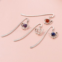 Antique Silver Plated Alloy Bookmarks, with Alloy Teapot Pendants and Mixed Gemstone Round Beads, 84x4mm(AJEW-JK00094)