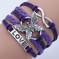 Imitation Leather Multi-strand Bracelets, Alloy Butterfly/Infinity/Word Love Charm Bracelets for Women, Antique Silver, Indigo, 7-1/2 inch(19cm)(WG22DAF-04)