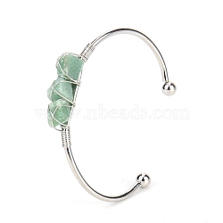 Natural Green Aventurine Chips Beaded Cuff Bangles, Metal Wire Wrap Bangle, Inner Diameter: 2-1/2 inch(6.5cm)(PW-WG90661-09)