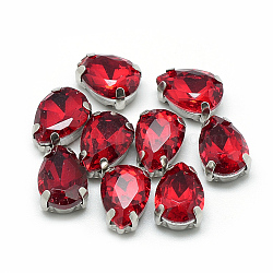 Sew on Rhinestone, Multi-strand Links, Glass Rhinestone, with 201 Stainless Steel Prong Settings, Garments Accessories, Faceted, teardrop, Red, 25x18x8mm, Hole: 1.2mm(RGLA-T035-18x25mm-05)
