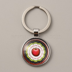 Teacher's Day Time Gem Keychain, with Alloy Findings, Half Round/Dome, Apple Pattern, 6cm(KEYC-WH0029-51E-P)