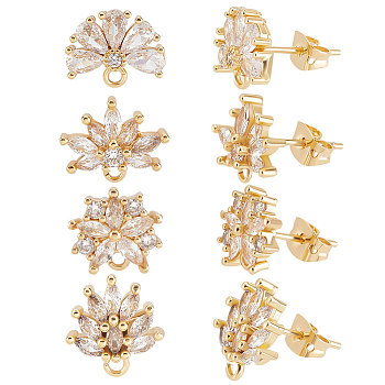 4 Pairs 4 Style Brass Cubic Zirconia Flower Stud Earring Findings, with Horizontal Loops, with 8Pcs Friction Ear Nuts, Golden, 14.5~15mm, 1 Pair/style