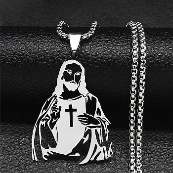 304 Stainless Steel Pendant Necklaces, Jesus, Stainless Steel Color, 23.62 inch(60cm)