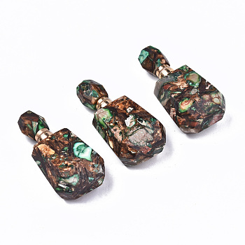 Assembled Synthetic Bronzite and Imperial Jasper Openable Perfume Bottle Pendants, with Light Gold Brass Findings, Dyed, Medium Sea Green, Capacity: 1ml(0.03 fl. oz), 42~43x22x15mm, Hole: 1.8mm