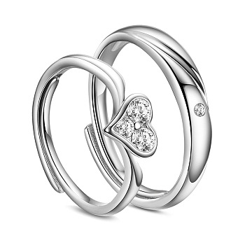 SHEGRACE Awesome Rhodium Plated 925 Sterling Silver Couple Rings, with AAA Cubic Zirconias and Heart, Platinum, 16mm&18mm, 2pcs/set
