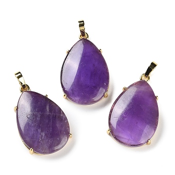 Natural Amethyst Pendants, Brass Teardrop Charms, Golden, Cadmium Free & Lead Free, 28.5x18x5~6mm, Hole: 5x4mm