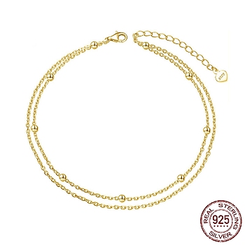 925 Sterling Silver Double Layered Cable Chain Anklet with Beads for Women, with S925 Stamp, Real 14K Gold Plated, 7-7/8 inch(20cm)
