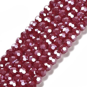Electroplate Opaque Glass Beads Strands, Faceted(32 Facets), Pearl Luster Plated, Round, Dark Red, 6mm, Hole: 1mm, about 98~100pcs/strand, 20.39~20.59 inch(51.8~52.3cm)