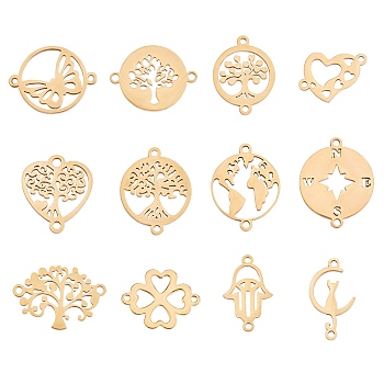 12Pcs 12 Styles 201 & 304 Stainless Steel Connector Charms, Heart & Flat Round with Tree & Compass, Mixed Color, 12~23x12.5~21x1mm, Hole: 1~1.5mm, 1pc/style