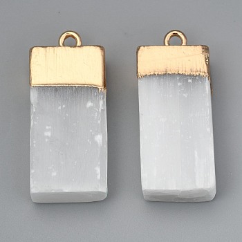 Natural Selenite Pendant, with  Iron Loops, Rectangle, Light Gold, 34~35.5x14.5~17x9~10mm, Hole: 2.5mm