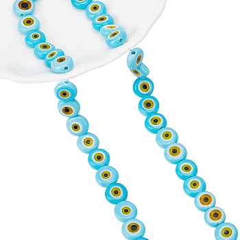 1 Strand Handmade Evil Eye Lampwork Beads Strands, Flat Round, Light Sky Blue, 8x3.2mm, Hole: 1mm