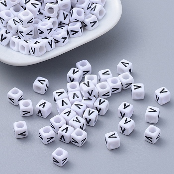 Acrylic Horizontal Hole Letter Beads, Cube, White, Letter V, Size: about 6mm wide, 6mm long, 6mm high, hole: about 3.2mm, about 2600pcs/500g