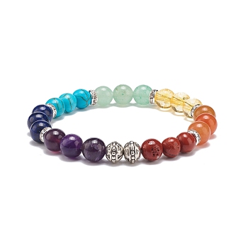 Natural & Synthetic Mixed Stone & Alloy Round Beaded Stretch Bracelet, 7 Chakra Gemstone Jewelry for Women, Inner Diameter: 2 inch(4.948cm)