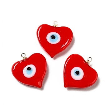 Handmade Lampwork Pendants, with Real 18K Gold Plated Plated Brass Finding, Cadmium Free & Lead Free, Heart with Evil Eye, Red, 19.5x18.2x5mm, Hole: 1.4mm