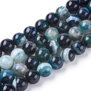 Natural Striped Agate/Banded Agate Beads Strands, Dyed & Heated, Round, Dark Cyan, 10mm, Hole: 1.2mm, about 37pcs/strand, 14.65 inch(37.2cm)