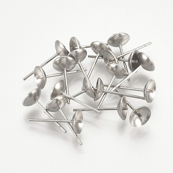 304 Stainless Steel Stud Earring Findings, For Half Drilled Beads, Stainless Steel Color, 4mm, Pin: 0.8mm