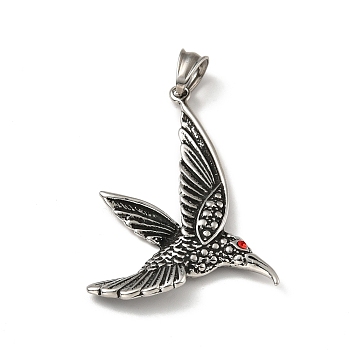 304 Stainless Steel Pendants with Light Siam Rhinestone, Bird, Antique Silver, 52x40x5mm, Hole: 8.5x5mm