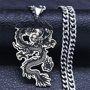 304 Stainless Steel Enamel Pendant Necklaces for Women Men, Dragon, Stainless Steel Color, 19.37 inch(49.2cm)