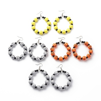 Sport Theme Acrylic Round Beaded Dangle Earrings, 304 Stainless Steel Jewelry for Women, Mixed Color, 78mm, Pin: 0.7mm