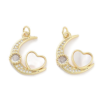 Brass Micro Pave Clear Cubic Zirconia Pendants, with Shell and Jump Rings, Real 18K Gold Plated, Moon with Heart Charms, White, 20x16.5x3.5mm, Hole: 3mm