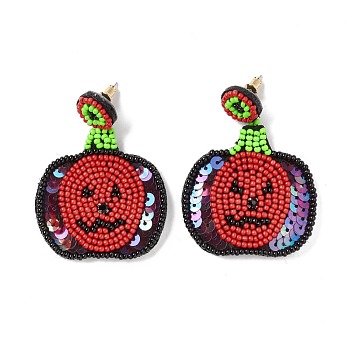 Halloween Pumpkin Glass Seed Braided Dangle Stud Earrings, 316 Stainless Steel Wraped Jewelry for Women, Red, 55mm, Pin: 0.6mm