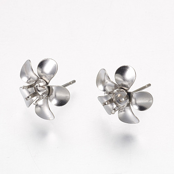 304 Stainless Steel Stud Earring Findings, 5-Petal, Flower, Stainless Steel Color, 16mm, Flower: 14~15x5mm, Tray: 4mm, Pin: 0.7mm