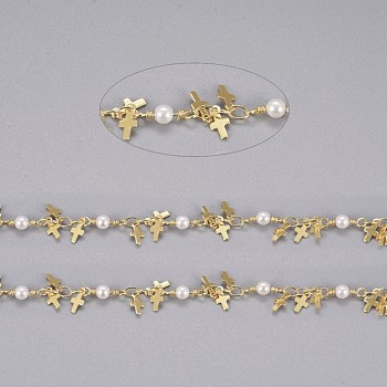 3.28 Feet Handmade Brass Beaded Chains, with Brass Charms, Glass Imitation Pearl, Soldered, Long-Lasting Plated, Cross, White, Golden, 10.5x3.2x3mm, 3.5x2.5x0.3mm