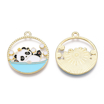 Alloy Enamel Pendants, Flat Round with Panda Charm, Real 14K Golden Plated, Sky Blue, 28x25x1.5mm, Hole: 1.8mm