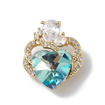 Real 18K Gold Plated Rack Plating Brass Micro Pave Clear Cubic Zirconia Pendants, with Glass, Long-Lasting Plated, Cadmium Free & Lead Free, Butterfly with Heart Charm, Pale Turquoise, 21x17.5x8mm, Hole: 3.5x2.5mm