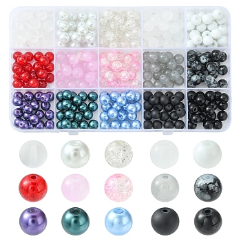300Pcs 15 Styles Glass Beads, Round, Mixed Color, 8~9mm, Hole: 1~1.6mm, 20pcs/style