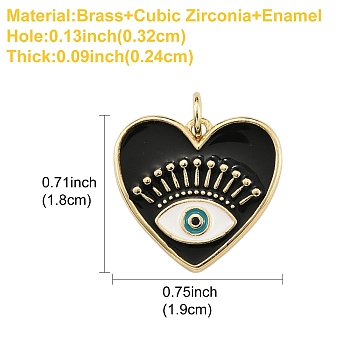 Brass Micro Pave Cubic Zirconia Pendants, with Enamel and Jump Rings, Heart with Eye Charms, Black, Real 18K Gold Plated, 18x19x2.4mm, Hole: 3.2mm