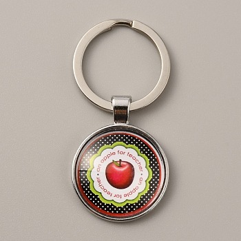 Teacher's Day Time Gem Keychain, with Alloy Findings, Half Round/Dome, Apple Pattern, 6cm