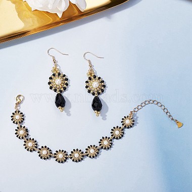 Shell Pearl & Glass Seed Braided Flat Round Dangle Earring and Beaded Bracelets Sets(SJEW-SW00007)-5
