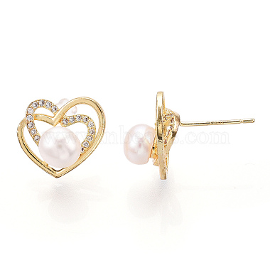 Hollow Heart Clear Cubic Zirconia Stud Earrings with Natural Pearl(PEAR-N020-06L)-2