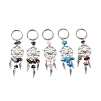 8Pcs 4 Color Alloy Natural Gemstone Pendant Decorations, with Alloy Swivel Lobster Claw Clasps, Feather with Flat Round, Antique Silver & Platinum, 107mm(KEYC-AL0010)