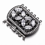 Brass Cubic Zirconia Box Clasps, Cadmium Free & Nickel Free & Lead Free, Rectangle, Gunmetal, 34x43x12mm, Hole: 1.5mm(ZIRC-O020-08B-NR)