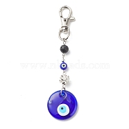 Handmade Lampwork Evil Eye Pendant Decoration, Natural Lava Rock Round Bead & Lobster Clasp Charms, for Keychain, Purse, Backpack Ornament, Flat Round, 121mm(HJEW-JM00791-04)
