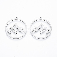 201 Stainless Steel Pendants, Ring with Mountain Charm, Stainless Steel Color, 27.5x26x1mm, Hole: 1.4mm(A-STAS-N090-LA911-1)