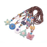 Natural Lava Rock Pendant Necklaces, with Wood Beads, Mixed Shapes, Mixed Color, 29.9~30.4 inch'(76~77.4cm), 6~6.5mm(NJEW-F256-02M)