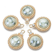 Porcelain Pendants, with Light Gold Plated Brass Findings and Crystal Rhinestone, Half Round, Dark Sea Green, 23x17x5mm, Hole: 1.8mm(KK-N235-039B)