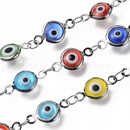 3.28 Feet Handmade Evil Eye Lampwork Link Chains, Soldered, with Brass Findings, Long-Lasting Plated, Flat Round, Gunmetal, Mixed Color, 13x7x2.5mm, Hole: 1.5mm(X-CHC-F009-01B-B)