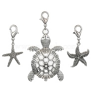 Starfish & Tortoise Alloy Pendant Decorations, with Alloy Lobster Claw Clasps, Antique Silver, 43~74mm, 3pcs/set(HJEW-JM01368)