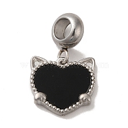 304 Stainless Steel European Dangle Charms, Large Hole Pendants with Black Heart Shaped Acrylic, Cat Head, Stainless Steel Color, 22mm, Pendant: 13.5x14x3mm, Hole: 4.5mm(STAS-G308-33P)