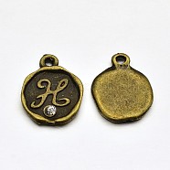 Antique Bronze Plated Alloy Rhinestone Charms, Flat Round with Letter.H, Nickel Free, 13x10x1.5mm, Hole: 1mm(ALRI-J152-H-NF)