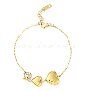 Ion Plating(IP) 304 Stainless Steel Heart Pendants Bracelets for Women, with Cubic Zirconia, Golden, 6-3/4 inch(17.2cm)(BJEW-K254-14G)