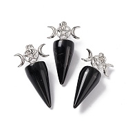 Natural Obsidian Pendants, Cone Charms, with Platinum Tone Brass Triple Moon with Star Findings, Cadmium Free & Nickel Free & Lead Free, 47~50x23x14.5~15mm, Hole: 7.5x5mm(G-P484-02P-04)