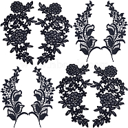 4 Pairs 2 Style Polyester Embroidery Flower Lace Appliques, Sew on Ornament Accessories, Black, 246~245x90~136x1.2~1mm, 2 pairs/style(DIY-GF0009-08)