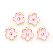 Light Gold Plated Alloy Enamel Pendants, Flower, Pearl Pink, 13x11.5x3mm, Hole: 1.6mm(X-ENAM-R136-16B)