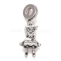 304 Stainless Steel European Dangle Charms, Large Hole Pendants, with Pink Enamel, Girl with Bowknot, Antique Silver, 29.5mm, Hole: 4mm, Girl: 18.5x11.5x5.5mm(STAS-I194-28AS)