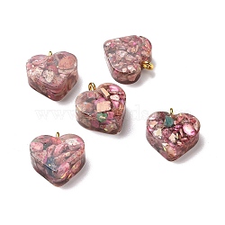 Transparent Resin Natural Imperial Jasper Dyed Chips Pendants, with Golden Tone Brass Loops, Heart Charm, Indian Red, 16.5x15.5x6~6.5mm, Hole: 2mm(G-E185-12G-07)